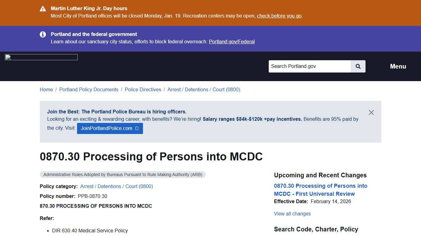 0870.30 Processing of Persons into MCDC | Portland.gov