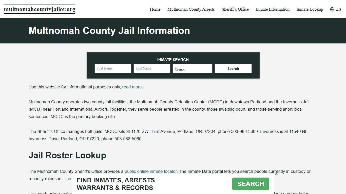Multnomah County, OR Jail Roster, Inmate Info